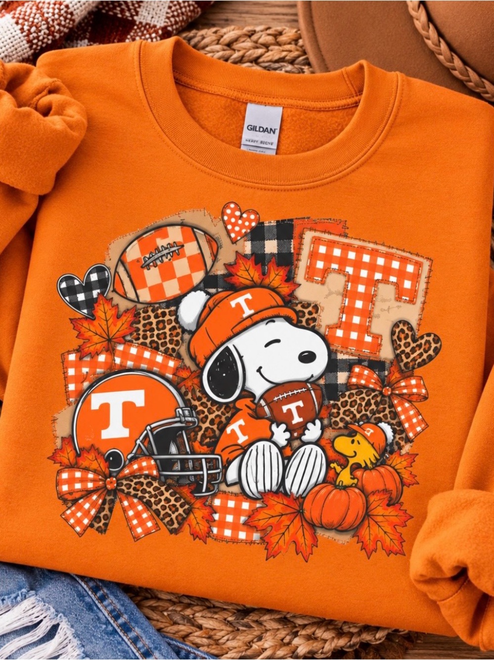 Gildan Orange Snoopy & Woodstock Football Crewneck Sweatshirt